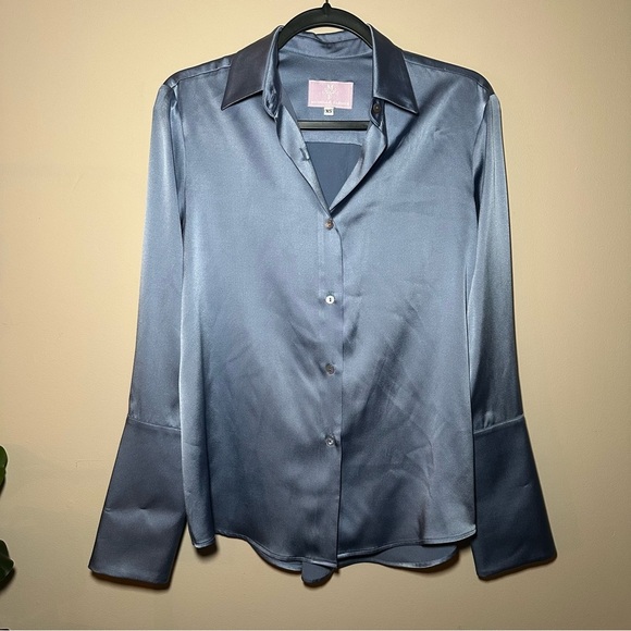 Michelle Farmer Luxury Silk Garçon Blouse Stretch Shirt Charmeuse Hydrangea XS - Picture 1 of 16